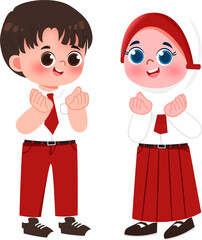 Cartoon Children in School Uniforms Praying, Girl in Hijab.
