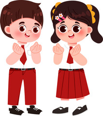 School Children in Uniform, Ready to Learn, Cartoon Illustration.