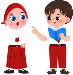 Animated Students: Girl Pondering, Boy Explaining with Book, Red & White Uniforms