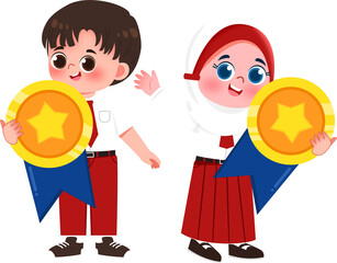Smiling Students Holding Achievement Medals, Cartoon Illustration.