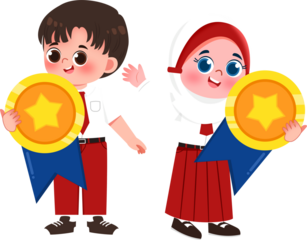 Smiling Students Holding Achievement Medals, Cartoon Illustration.