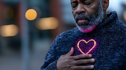 Mature African American man in warm sweater holding glowing neon heart against chest with closed eyes, expressing deep emotional moment against blurred city lights background.