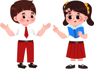 Animated Schoolchildren Discussing, Girl Reading Book, Education Concept.