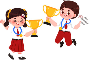 Excited Students with Trophies and Excellent Grades, Celebrating Success in Red and White Uniforms.
