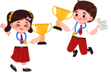 Excited Students with Trophies and Excellent Grades, Celebrating Success in Red and White Uniforms.