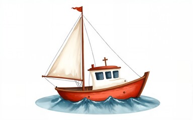 Cute watercolor ship, boat illustration. Hand painted summer sea nautical  isolated on white background. High quality