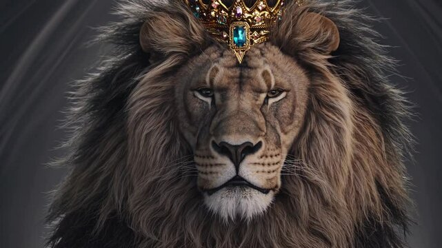 Majestic lion wearing jeweled crown with glowing light, symbolizing Jesus as Lion of Judah, divine royalty, Christian strength, spiritual authority, and victorious reign of the Messiah