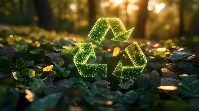 Glowing green recycling symbol on forest floor with autumn leaves at sunset, environmental conservation concept for sustainability awareness and eco-friendly initiatives. - Powered by Adobe