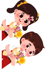 Smiling Children Holding Flower Bouquets Peek from Corner.
