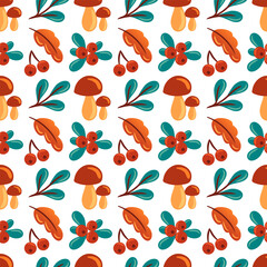 This seamless pattern features porcini mushroom, lingonberries, and foliage, creating a harmonious blend of nature. Perfect for eco-friendly designs, packaging, and autumn-themed projects.