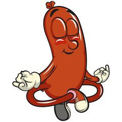 Cheerful sausage cartoon mascot meditating, fun meat snack character illustration, isolated high-quality vector perfect for branding and design use, work of hand drawn