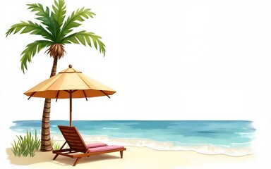 A seascape with palms, deck chairs and a beach umbrella hand drawn in watercolor isolated on a white background. Watercolor illustration. Vintage illustration. Seaside vacation. Sea view. Traveling