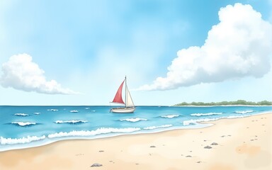 Obraz premium Seaside, sailboats and sky. Beach landscape wallpaper, hand painted design, watercolour background. High quality