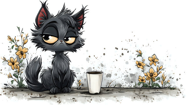 Grumpy black cat with sleepy expression sitting next to coffee cup surrounded by yellow flowers and watercolor splashes on white background, cartoon style illustration.