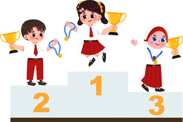 Schoolchildren on Podium Celebrating Wins with Trophies and Medals.