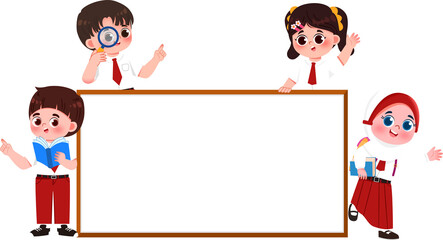 Animated students framing a blank sign with educational props.