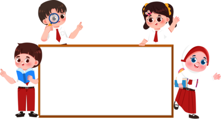 Animated students framing a blank sign with educational props.