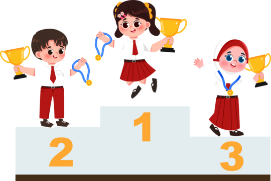 Schoolchildren on Podium Celebrating Wins with Trophies and Medals.