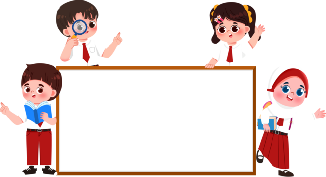 Animated students framing a blank sign with educational props.