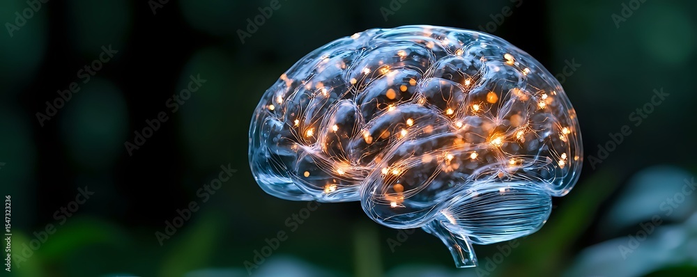 Poster glowing translucent brain model with illuminated neural connections on dark background showcases cog
