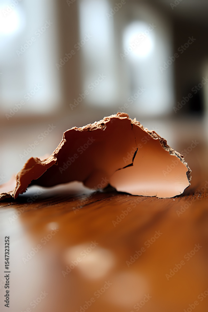 Aufkleber broken eggshell fragment on wooden surface with soft natural lighting and shallow depth of field cre