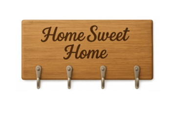 Wooden key holder with home sweet home lettering on transparent background