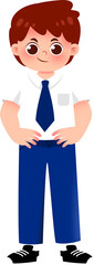 Fototapeta premium Cartoon Boy in School Uniform: Blue Pants, Tie, and White Shirt.