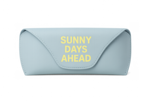 Light blue sunglasses case with sunny days ahead lettering on transparent background - Powered by Adobe