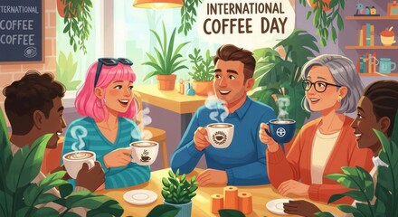 Diverse group drinking coffee together at a cafe on coffee day