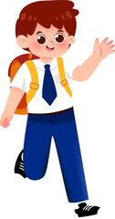 Fototapeta premium Animated Boy in Uniform with Backpack Waving.