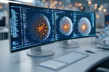 Computer monitors displaying data visualization with glowing orange spherical graphs on dark blue screens in modern office workspace with bokeh lights.
