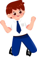 Animated Schoolboy Jumping for Joy, Blue Tie, White Shirt.
