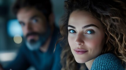 Young Caucasian woman with curly hair and bright blue eyes smiling softly in evening light, with bearded man in background. Dramatic moody portrait with bokeh effect.