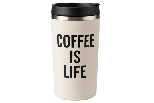 Reusable coffee cup showing coffee is life slogan on transparent background