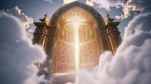 Golden gates of heaven opening in the clouds with radiant light, symbolizing eternal salvation, divine invitation, paradise, Christian afterlife, and the glory of God&rsquo;s kingdom