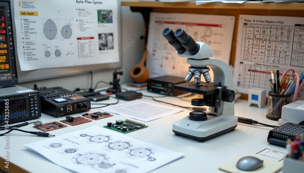 Poster scientific research in a laboratory setting analyzing microscopic samples with advanced equipment an