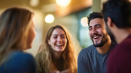 Group of young friends laughing and enjoying a casual gathering indoors, sharing stories and creating memorable moments in a relaxed atmosphere.