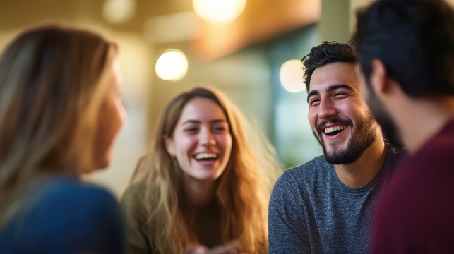 Group of young friends laughing and enjoying a casual gathering indoors, sharing stories and creating memorable moments in a relaxed atmosphere.