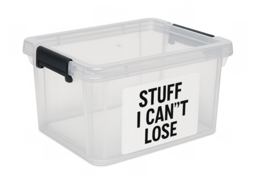 Transparent plastic storage box with label saying stuff i can't lose on transparent background