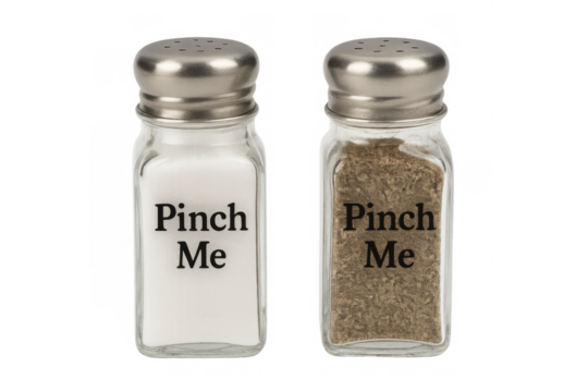 Salt and pepper shakers saying pinch me on transparent background