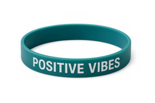 Teal silicone wristband promoting positive vibes on transparent background