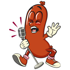 Cheerful sausage cartoon mascot singing with great emotion, fun meat snack character illustration, isolated high-quality vector perfect for branding and design use, work of hand drawn