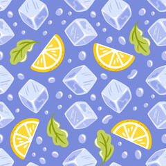 Seamless pattern featuring vibrant lemon slices, ice cubes, refreshing mint leaves, and droplets, creating a cool and refreshing design perfect for summer drinks and vibrant beverage illustrations