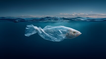 Fototapeta premium A fish entangled in plastic highlights ocean pollution issues, emphasizing the environmental impact of waste on marine life.