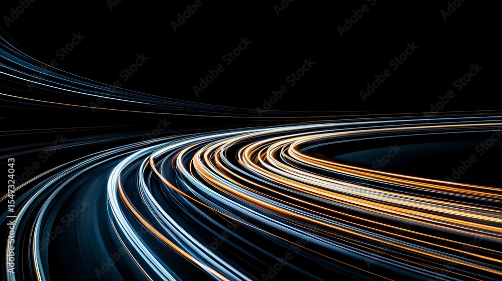 Aufkleber dynamic curved light trails in blue, white and orange streaking through darkness create abstract mot