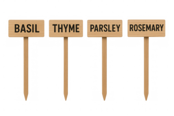 Wooden plant markers showing basil, thyme, parsley and rosemary on transparent background