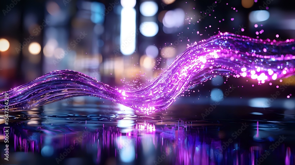 Poster magical purple light wave flowing over reflective surface with bokeh effects and glowing particles c