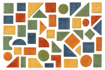 Colorful geometric shapes forming a vibrant and playful pattern on transparent background