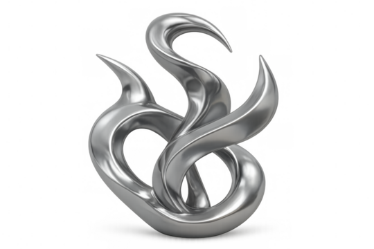 Abstract silver sculpture forming intricate shapes on transparent background