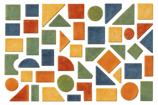 Colorful geometric shapes forming a vibrant and playful pattern on transparent background